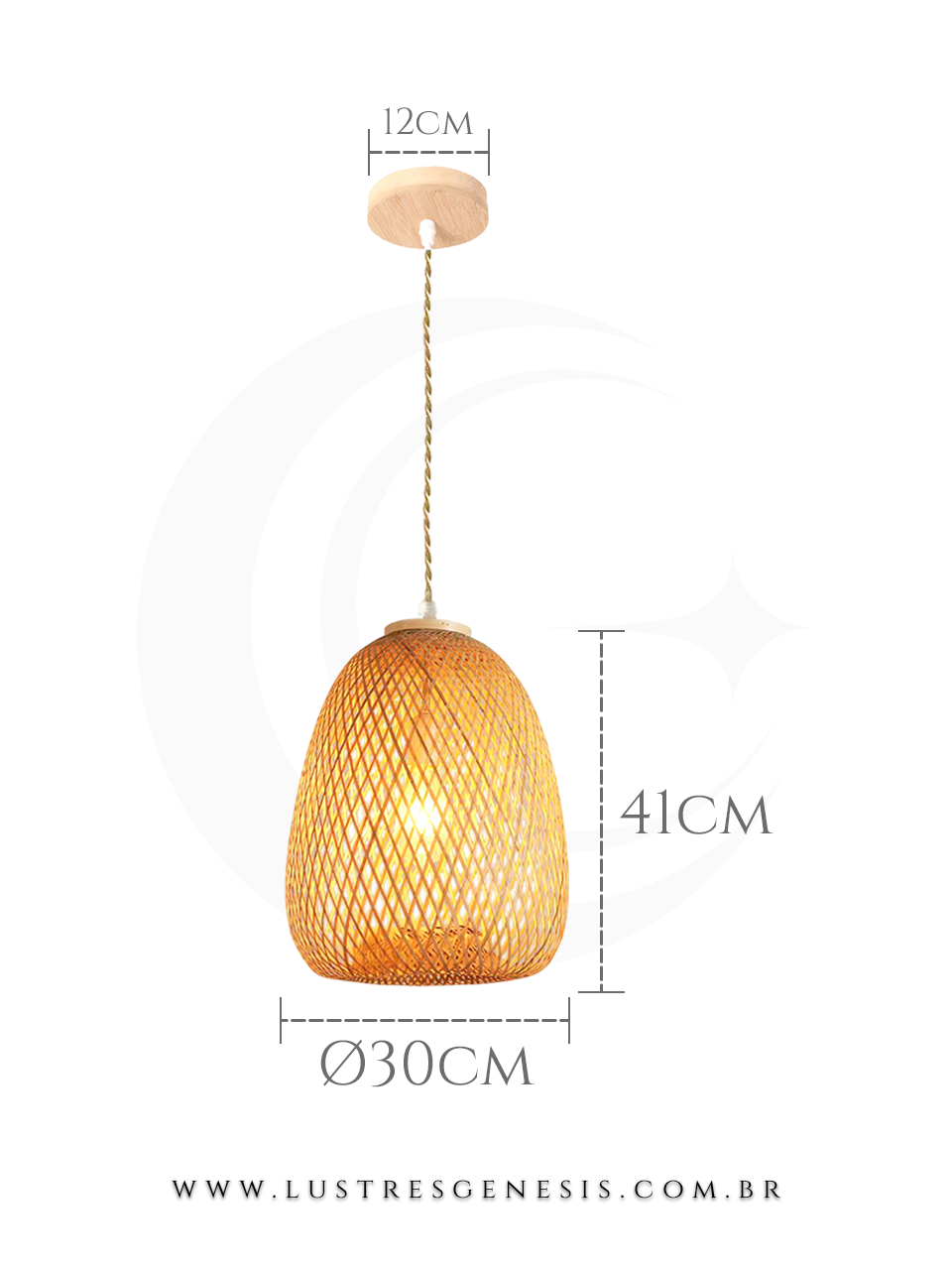 Luminária pendente de madeira Hiva feita de fibra de bambu, ideal para mesas, balcão de cozinha, área gourmet e sítios, com dimensões de 41 cm de altura e 30 cm de diâmetro.